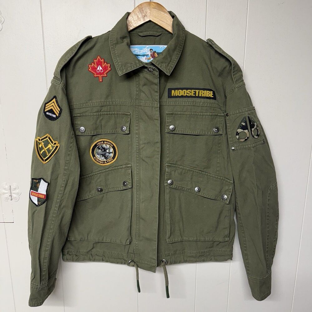 Moose Knuckles Military Style Barn Jacket Logo Patches Full Zip Jacket Women M